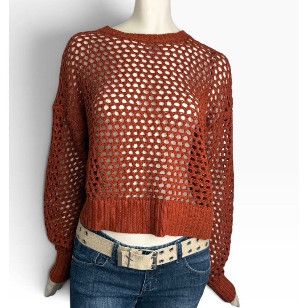 Old Navy Crochet Open Knit Mesh Sweater  Boxy Crew Neck Brown Ribbed Cuff Hem M
